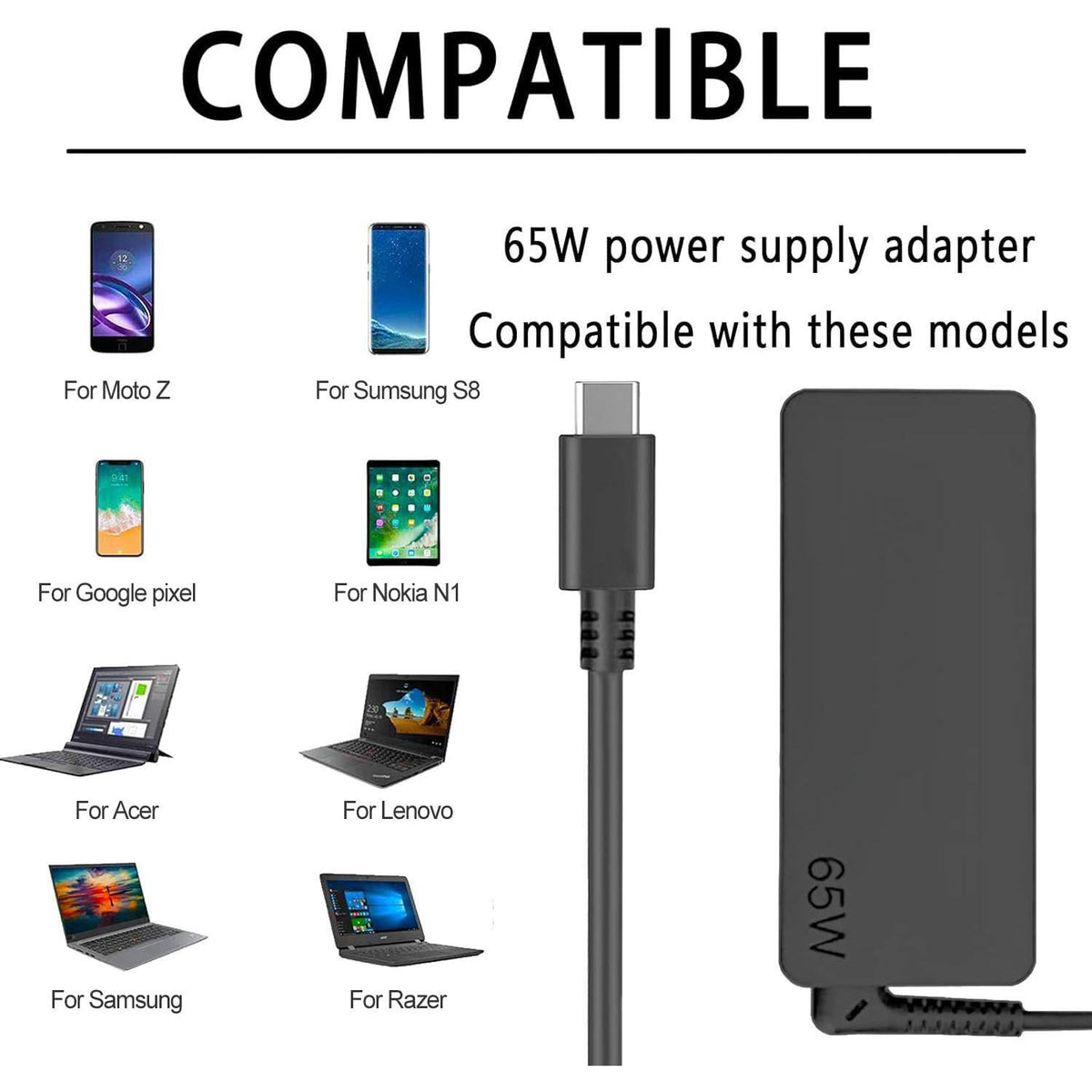 Dzytnsy USB-C 65W 45W AC Replacement Charger Compatible with Lenovo ThinkPad T480 T490 T580 ADLX65YDC2A ADLX65YLC2D ADLX65YDC3A ADLX65YDC2D chromebook 2nd Gen S330 65W Laptop Power Supply Adapter Cord
