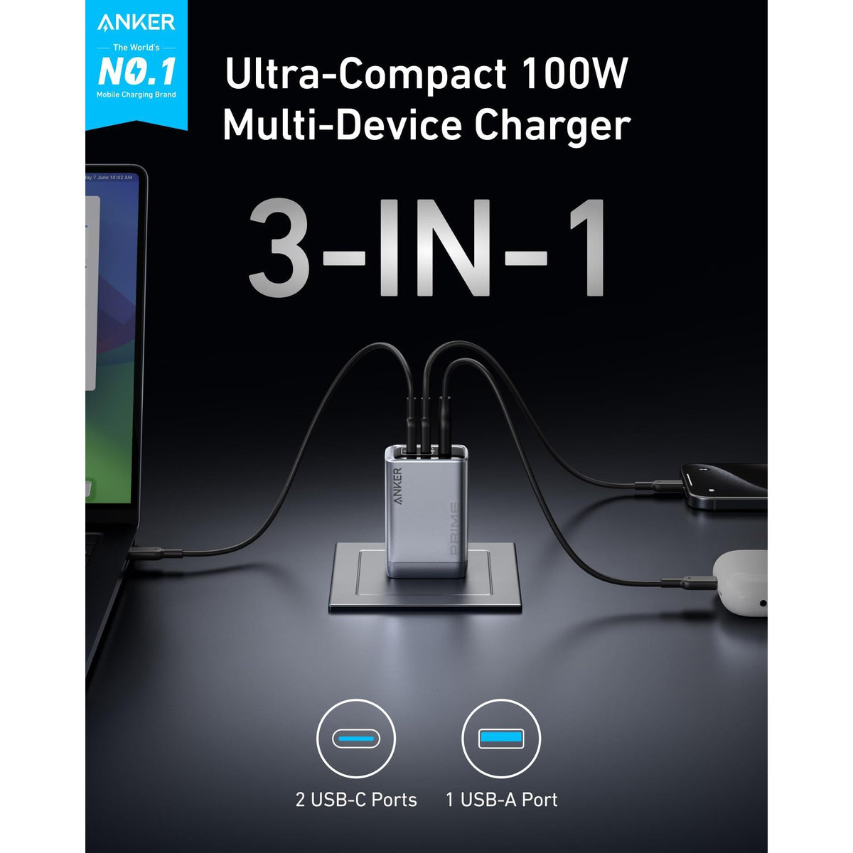 Anker Prime Charger, 100W 3-Port GaN USB C Charger Block, Foldable and Compact for MacBook, iPad, iPhone Series, Galaxy S24/S23, and More