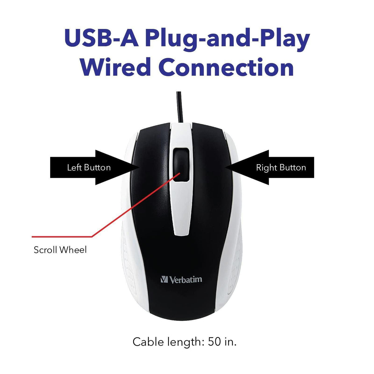 Verbatim Wired USB Computer Mouse - Corded USB Mouse for Laptops and PCs - Right or Left Hand Use, White 99740, 1.4" x 2.4" x 3.9"