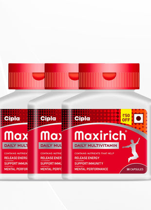 Cipla Maxirich Daily Multivitamin For Building Immunity & Energy (Bottle Pack, 30 Capsules, 3 pack)