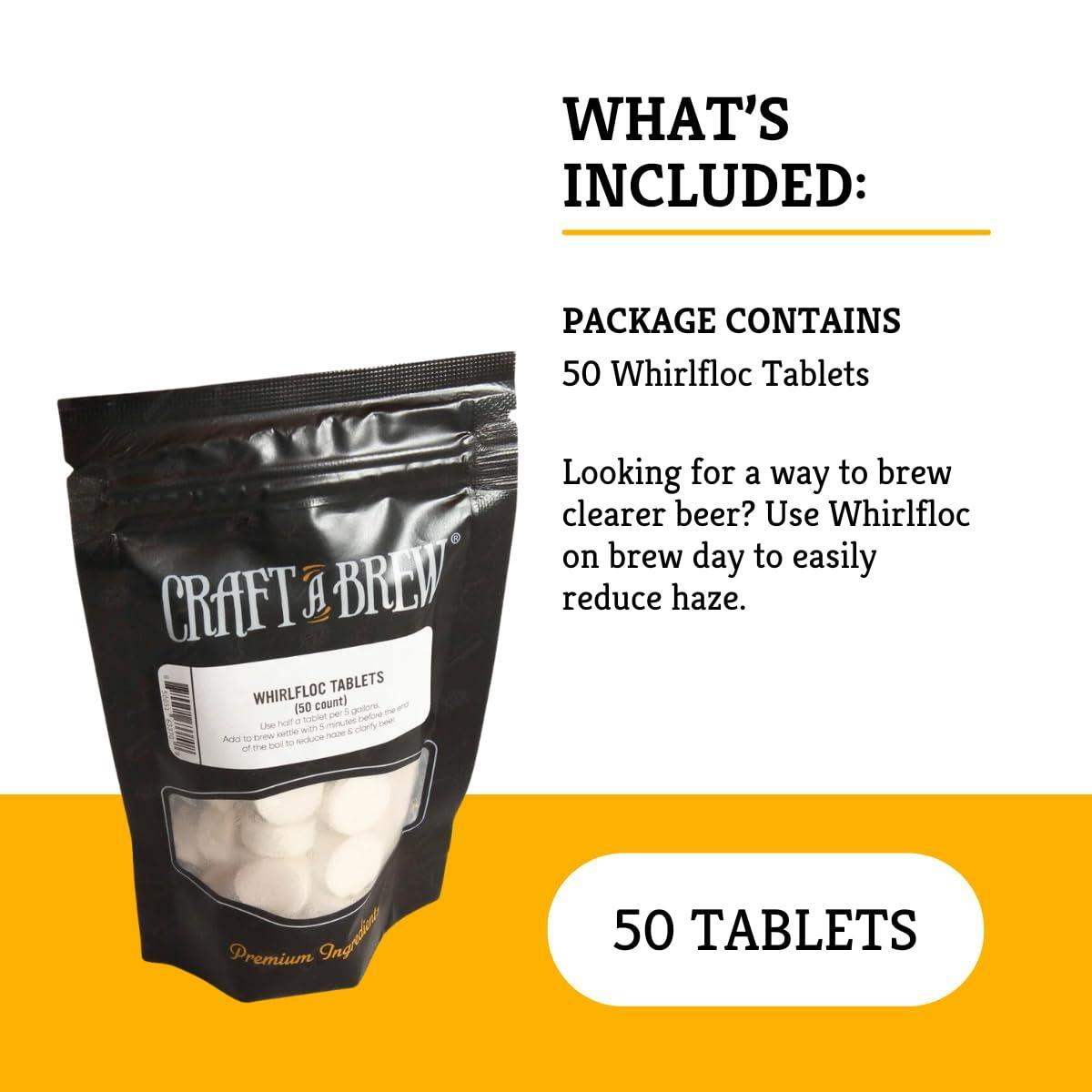 Craft A Brew - Whirlfloc Tablets - Brew Clearer Beer - For At Home Beer Brewing - Reduces Haze of At Home Brewed Beer - Blend of Irish Moss & Purified Carrageenan - Use on Brew Day - 50 Count Tablets