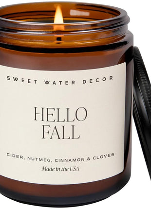 Sweet Water Decor Hello Fall Candle, 9oz Amber Jar, Autumn Scents for Home | Hot Cider, Cinnamon, Cloves, & Nutmeg Soy Wax Scent Notes, 40+ Hour Burn Time, Glass Jar, Black Lid, Thanksgiving & Halloween