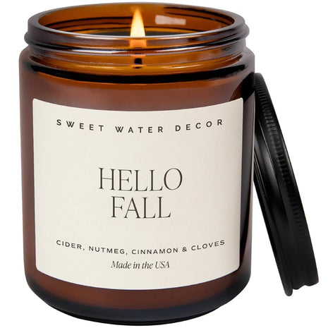 Sweet Water Decor Hello Fall Candle, 9oz Amber Jar, Autumn Scents for Home | Hot Cider, Cinnamon, Cloves, & Nutmeg Soy Wax Scent Notes, 40+ Hour Burn Time, Glass Jar, Black Lid, Thanksgiving & Halloween