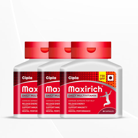 Cipla Maxirich Daily Multivitamin For Building Immunity & Energy (Bottle Pack, 30 Capsules, 3 pack)