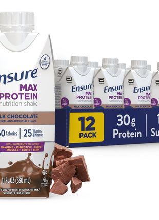 Ensure Max Protein Milk Chocolate Shake, 30g High Protein, 12 Pack | 30g protein to support muscle health & manage hunger for adults; each protein shake has 1g sugar, 150 calories, 4g fiber