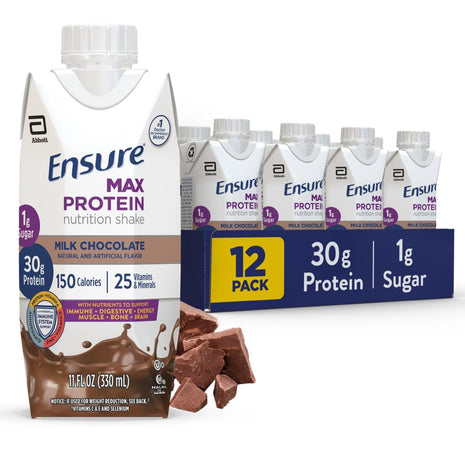 Ensure Max Protein Milk Chocolate Shake, 30g High Protein, 12 Pack | 30g protein to support muscle health & manage hunger for adults; each protein shake has 1g sugar, 150 calories, 4g fiber