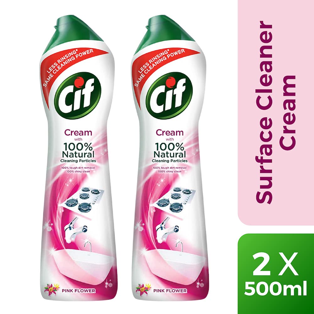 Cif Pink Multi Purpose Surface Cleaner Cream with Floral Fragrance, Removes Grease & Dirt wth Natural Cleaning Particles for Shiny Surface, 2x500ml