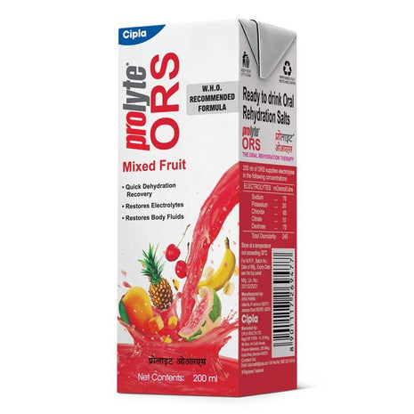 Cipla Prolyte Ors Ready To Drink Vegetarian Oral Rehydration Contains Vital Electrolytes|Restores Body Fluids&Electrolytes Lost Due To Sweating,Diarrhea&Vomiting|Who Formula (Mixed Fruit,Pack Of 30)