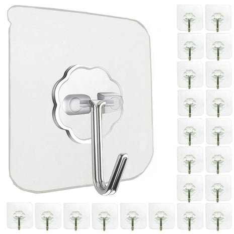 24 Pack Self Adhesive Hooks Heavy Duty - 33lb Max, Transparent, Waterproof, Sticky Wall Hooks for Keys, Bathroom, Shower, Outdoor, Kitchen, Door, Home Improvement, Utility Hooks