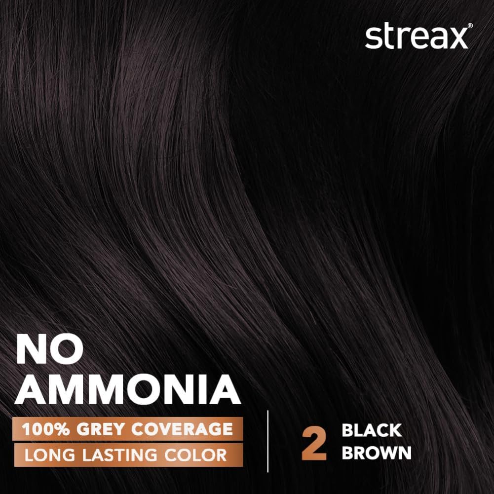 Streax Permanent Hair Colour, 100% Grey coverage, Infused with Argan and Walnut Oil, Long Lasting Cream Hair Colour for Women, Brown Hair Colour, 2 Black Brown, 120 ml, Pack of 2