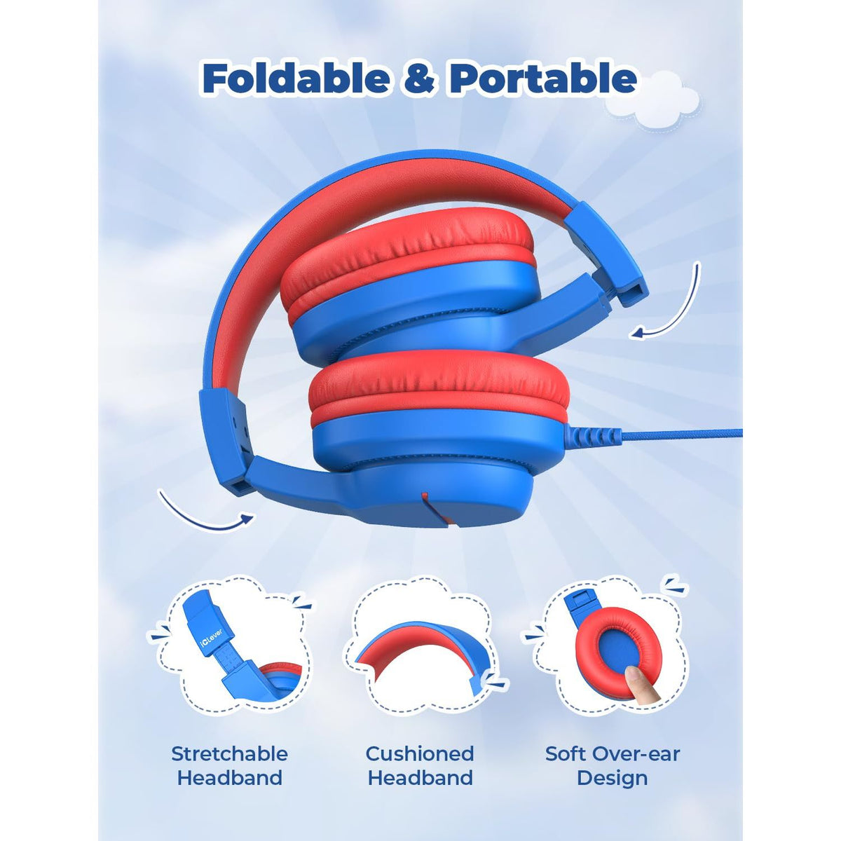 iClever Kids Headphones for School Travel, Safe Volume Limited, HD Mic Stereo Sound Over-Ear Girls Boys Headphones for Kid, FunShare Foldable 3.5mm Wired for iPad Computer, HS19