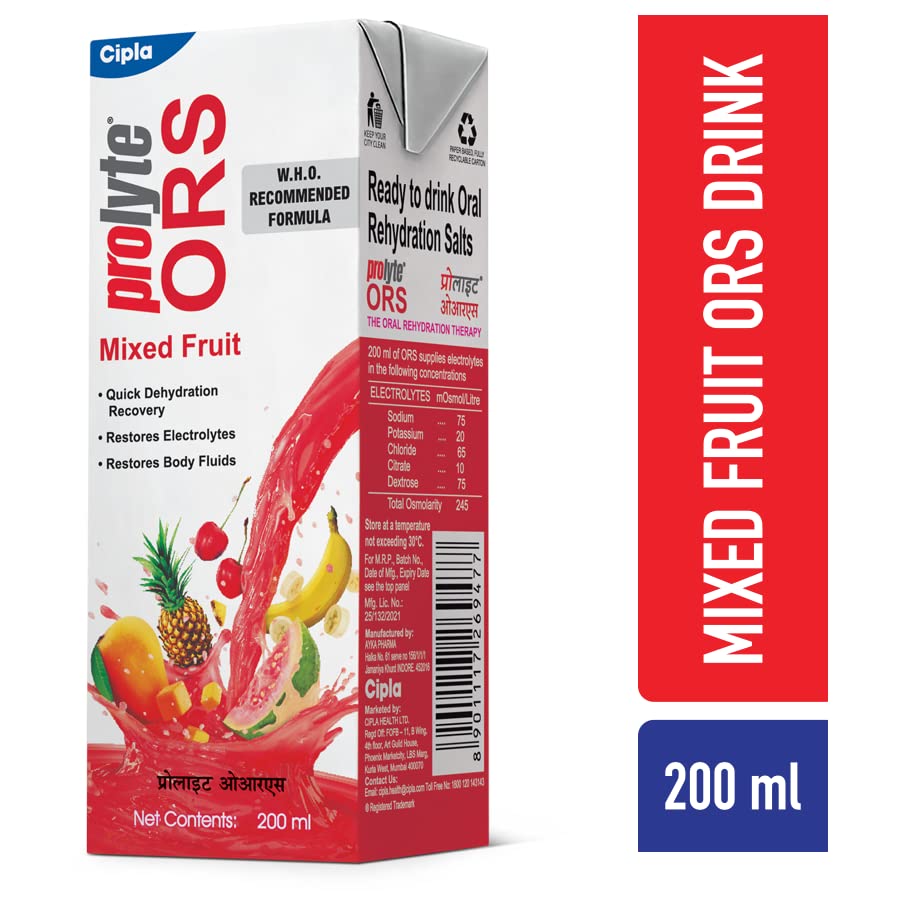 Cipla Prolyte ORS Ready to Drink Oral Rehydration Contains Vital Electrolytes | Restores Body Fluids & Electrolytes Lost Due to Sweating, Diarrhea & Vomiting | WHO Formula (Mixed Fruit, Pack of 10)