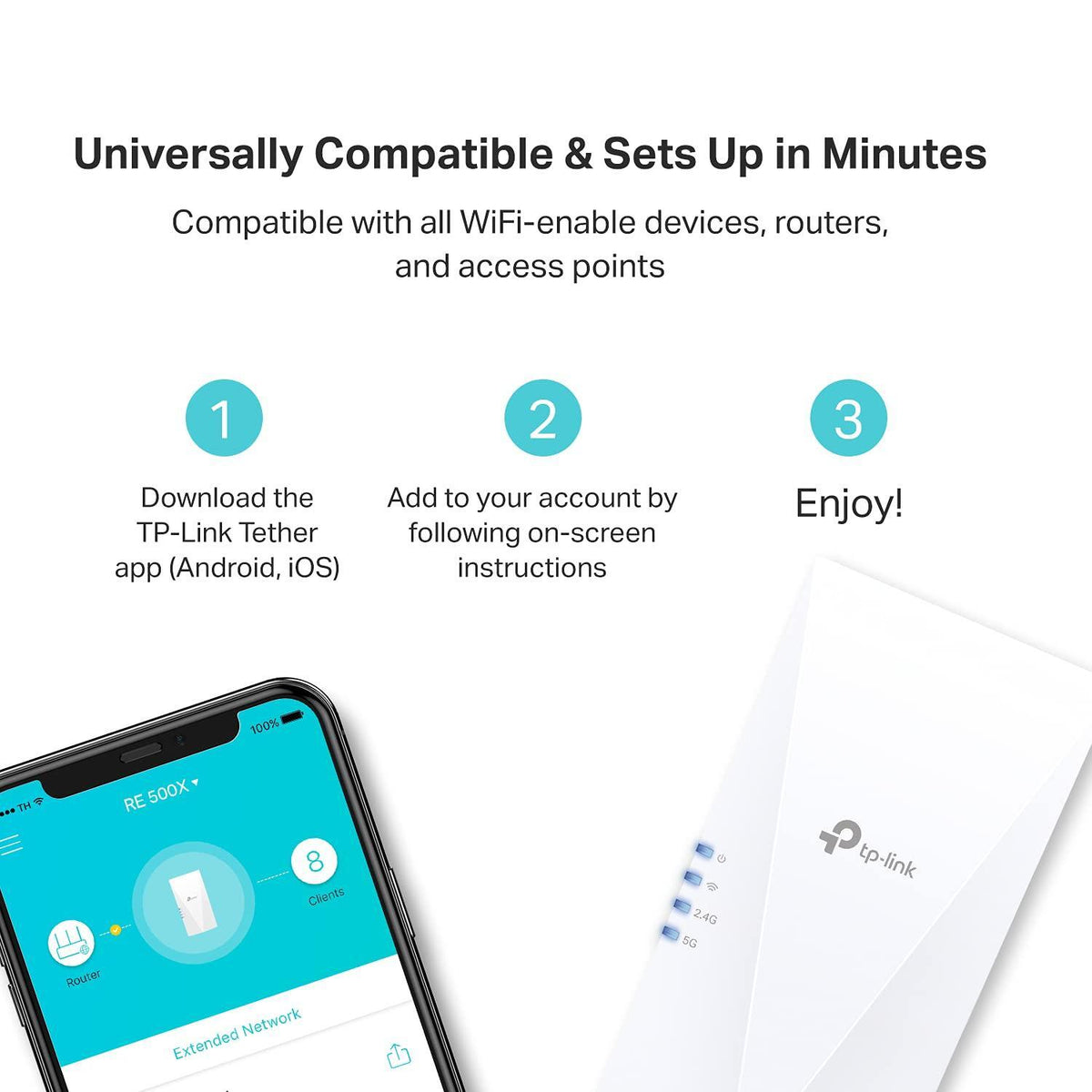 TP-Link AX1500 WiFi Extender Internet Booster(RE500X), WiFi 6 Range Extender Covers up to 1500 sq.ft and 25 Devices,Dual Band, AP Mode w/Gigabit Port, APP Setup, OneMesh Compatible