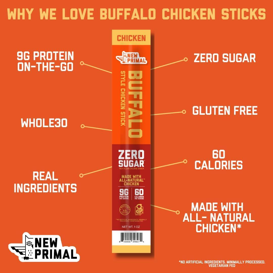New Primal Buffalo Chicken Sticks, Keto, Gluten Free Healthy Snacks, Sugar Free Low Carb High Protein, Jerky Meat Stick, 9g Protein, 20 Ct