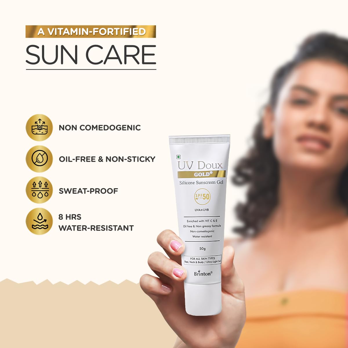 Brinton UV Doux Gold Silicone Sunscreen Gel SPF 50 pa+++ UVA/UVB With Broad Spectrum, Water Resistant Best SPF Sunscreen For Women, 50 g