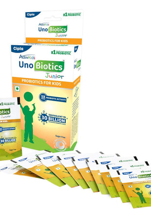 Cipla ActivKids Unobiotics Junior With 5X More Probiotic Activity |Powder Helps Build Immunity & Refills Good Bacteria | Probiotics for Kids - 10 Sachets