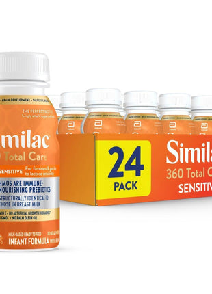 Similac 360 Total Care Sensitive Infant Formula for Fussiness & Gas Due to Lactose Sensitivity, Has 5 HMO Prebiotics, Liquid Baby Formula, Ready to Feed, 8-fl-oz Bottle, Pack of 24