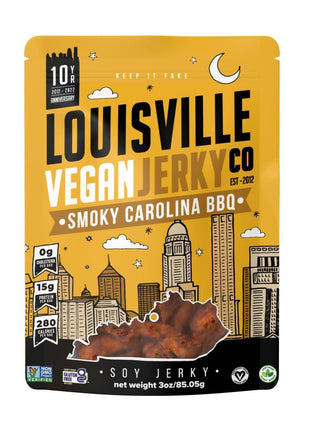 Louisville Jerky Co. Sweet & Smoky Carolina Mustard BBQ Vegan Jerky, Plant Based Protein Snack (3 Ounce, 1-Pack) – Smoky Southern BBQ Flavor, Gluten-Free, Vegetarian