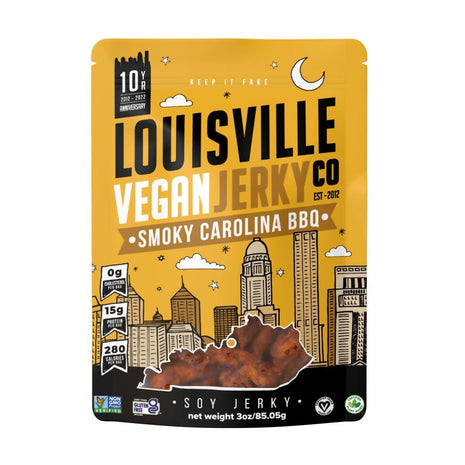 Louisville Jerky Co. Sweet & Smoky Carolina Mustard BBQ Vegan Jerky, Plant Based Protein Snack (3 Ounce, 1-Pack) – Smoky Southern BBQ Flavor, Gluten-Free, Vegetarian