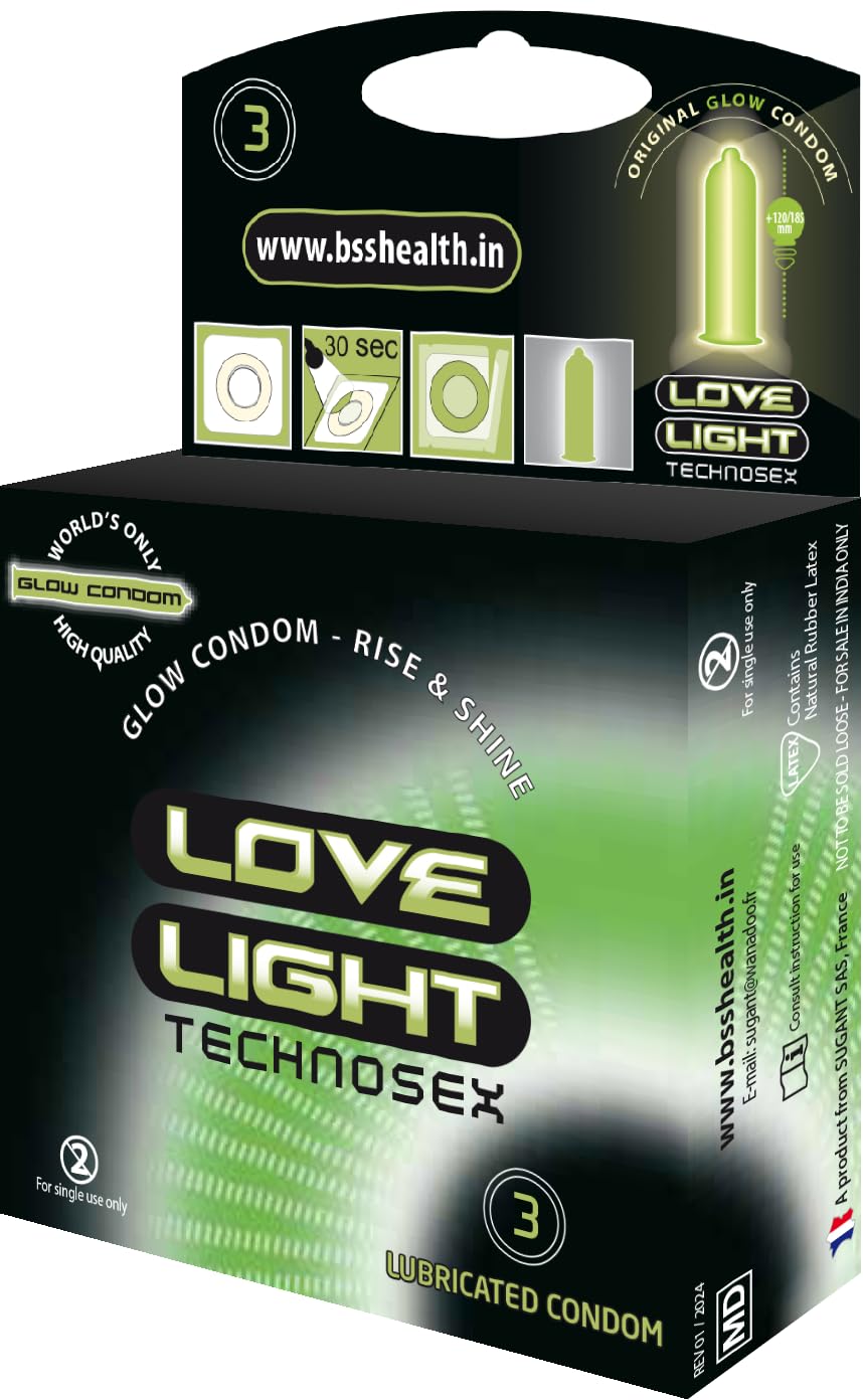 Love Light Glow condom 3 pcs pack - Natural Rubber Latex -Lubricated with Reservoir Tip -Phosphorescent - Smooth Surfaced - International quality ISO 4074