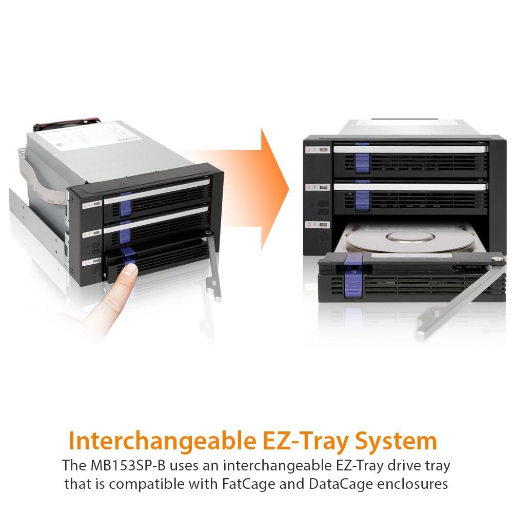 ICY DOCK 3 Bay 2.5”/ 3.5in SATA/SAS Hard Drive SSD Hot Swap Backplane Enclosure in 2X 5.25 Bay | FatCage MB153SP-B