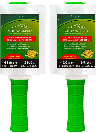 2-Pack Industrial Mini Clear Stretch Wrap Film 80 Gauge 5.1" 1000ft for Pallet Wrap with Plastic Handle,Durable Self-Adhering Packing,Moving,Packaging,Heavy Duty Shrink Film Chuangseed
