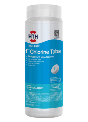 HTH 42049 Pool Care 1 inch Chlorine Tabs, Swimming Pool Sanitizer with Added Clarifier - Eliminates Bacteria & Algae, Makes Water Clean & Crystal Clear, Sanitizes & Protects - Slow Dissolving, 1.5 lbs