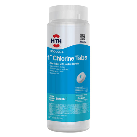 HTH 42049 Pool Care 1 inch Chlorine Tabs, Swimming Pool Sanitizer with Added Clarifier - Eliminates Bacteria & Algae, Makes Water Clean & Crystal Clear, Sanitizes & Protects - Slow Dissolving, 1.5 lbs