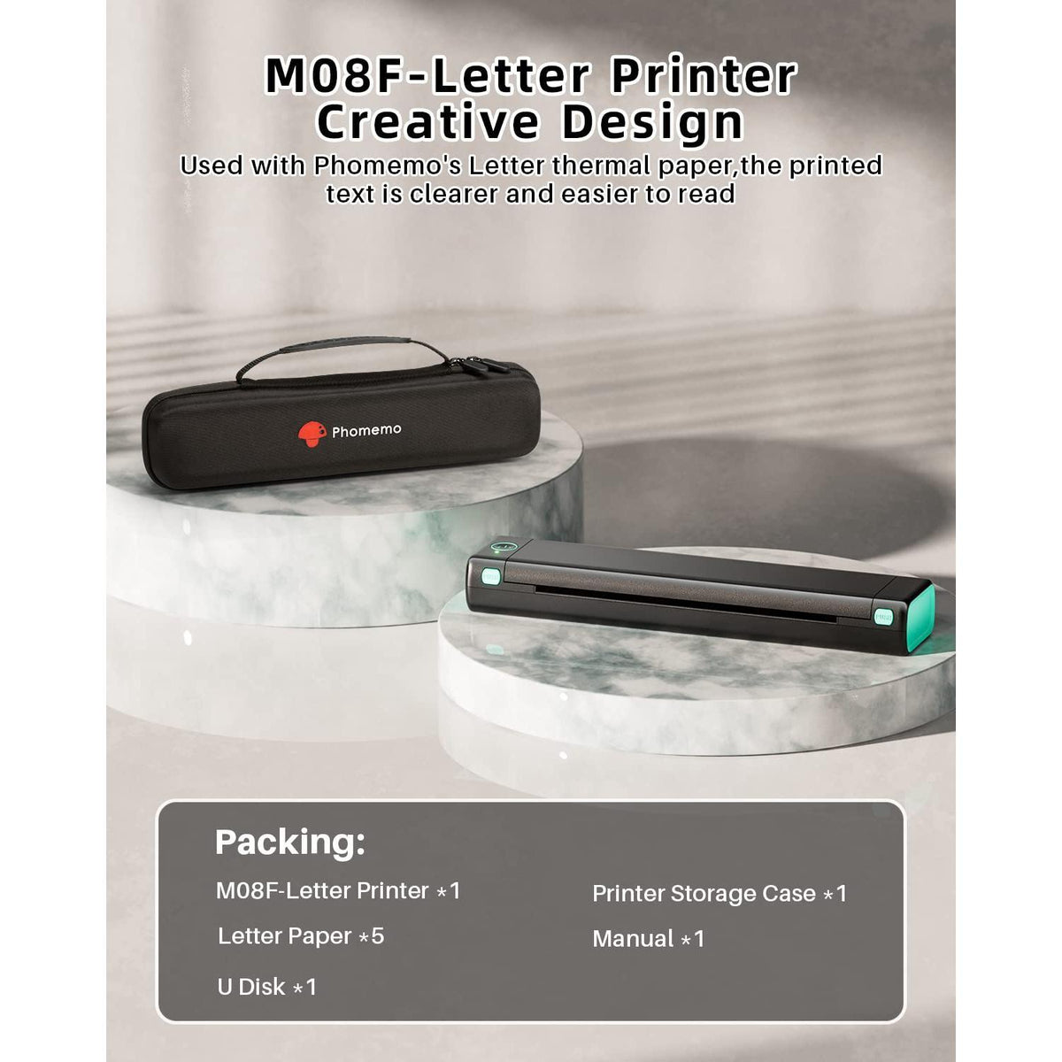 Phomemo Inkless Portable Printer for Travel - Wireless Thermal Printer Compatible with Phone & Laptop, Bluetooth Printers Supports 8.5" X 11" Letter Thermal Paper, Come with Carry Case