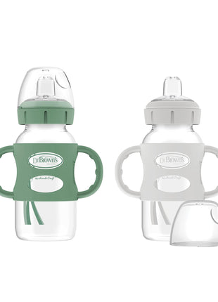 Dr. Brown's Milestones Wide-Neck Sippy Spout Bottle with 100% Silicone Handles, Easy-Grip Handles with Soft Sippy Spout, 9oz/270mL, Green & Gray, 2-Pack, 6m+