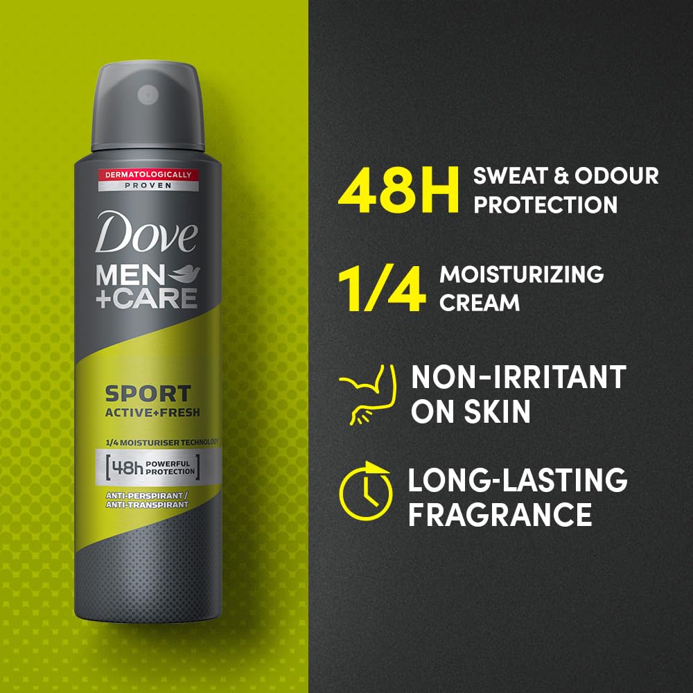 Dove Men+Care Sport Active+ Fresh Dry Spray Antiperspirant Deodorant, Up To 48 hrs Protection From Sweat & Odour, Dermatologically Proven Formula, Soothes & Moisturises Skin, Fresh citrus, Woody Scent, 150ml (Pack of 2)