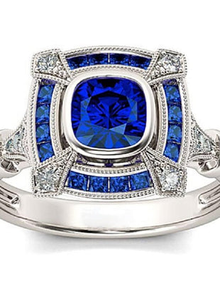 925 Sterling Silver Natural Sapphire Ring Cut Round Cubic Zirconia Classic Promise Ring CZ Cocktail Ring Eternity Engagement Wedding Ring Women Fits Her Size 6-10 587 (8)