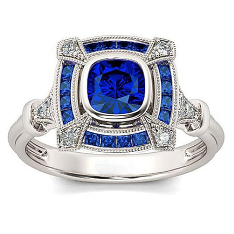 925 Sterling Silver Natural Sapphire Ring Cut Round Cubic Zirconia Classic Promise Ring CZ Cocktail Ring Eternity Engagement Wedding Ring Women Fits Her Size 6-10 587 (8)
