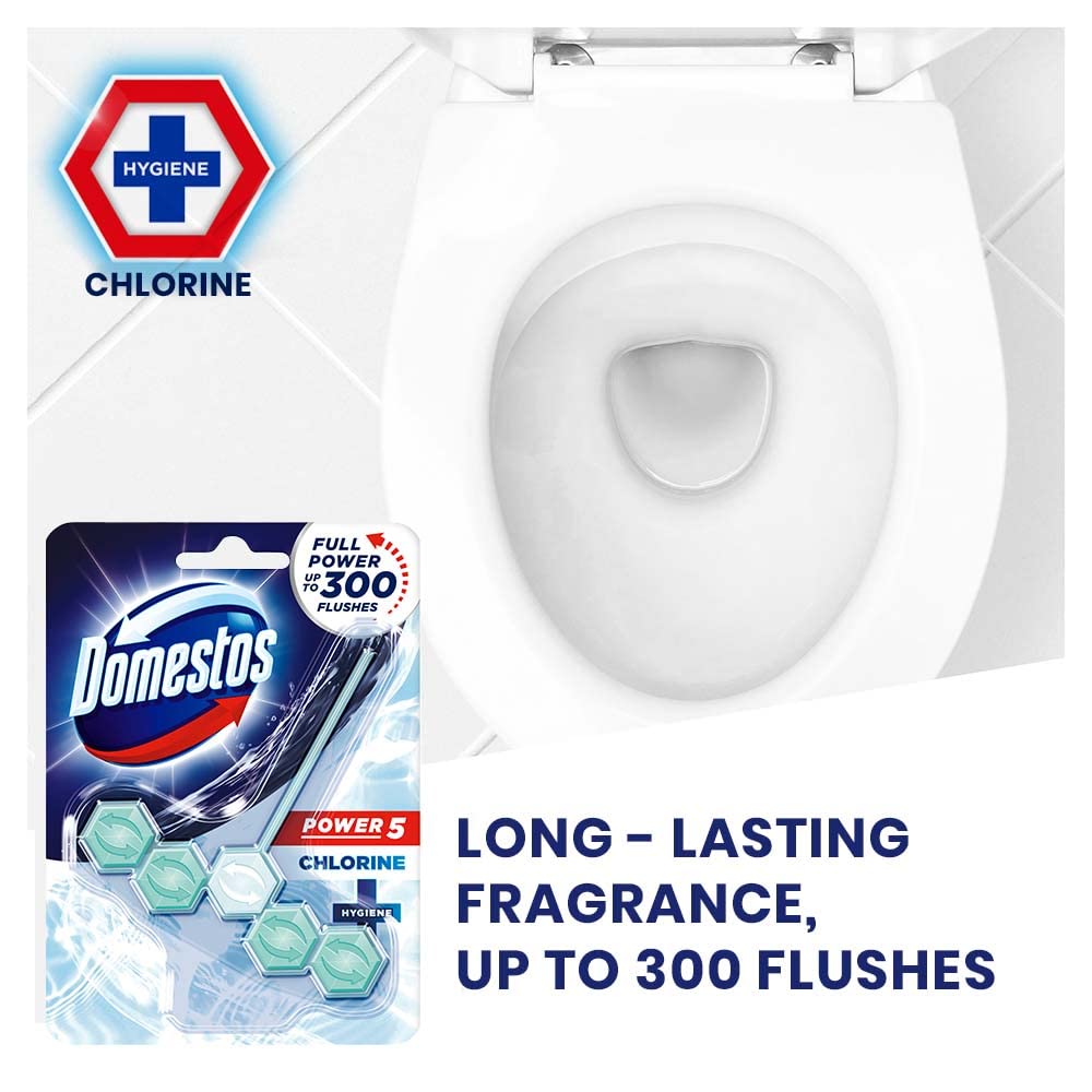 Domestos Power 5 Toilet Rim Block, Chlorine, Limescale Removal with Long Lasting Fragrance, Provides Hygiene & Shine, 55 gm