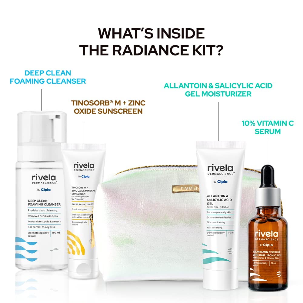 Rivela Dermascience Radiance Kit | Routine for Glowing Skin | Set of 4 with free pouch: Cleanser, Moisturizer, Vitamin C Serum, Sunscreen | Perfect Gifting Combo