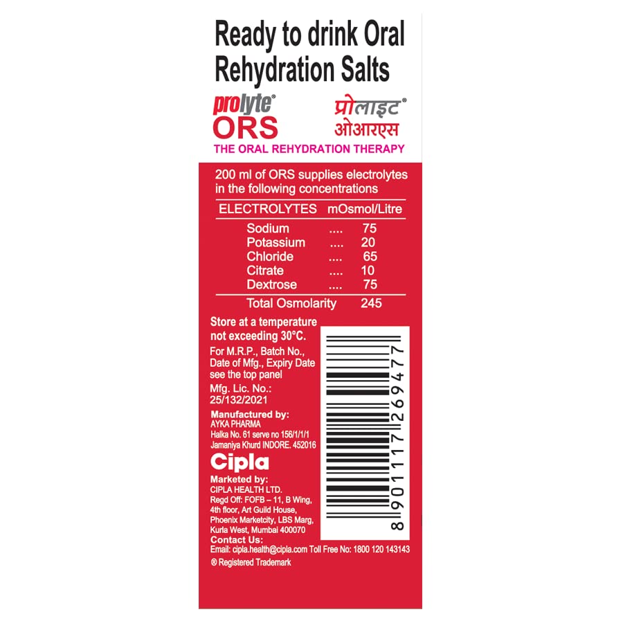 Cipla Prolyte ORS Ready to Drink Oral Rehydration Contains Vital Electrolytes | Restores Body Fluids & Electrolytes Lost Due to Sweating, Diarrhea & Vomiting | WHO Formula (Mixed Fruit, Pack of 10)