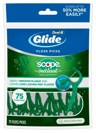 Oral B Glide Complete Floss Picks, Dental Floss Picks, Scope Outlast, 75 ct, Toothpicks Floss Picks