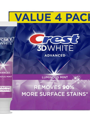 Crest 3D White Advanced, Teeth Whitening Toothpaste for Adults, 3.7 oz, 4 Pack, Cavity Protection Fluoride Toothpaste, Strengthens Enamel, Travel Size Toiletries