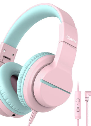 iClever HS19 Kids Headphones with Microphone for School, Safe Volume Limited, Over-Ear Girls Boys Headphones for Kids with Shareport, Foldable Wired for iPad/Travel (Pink)