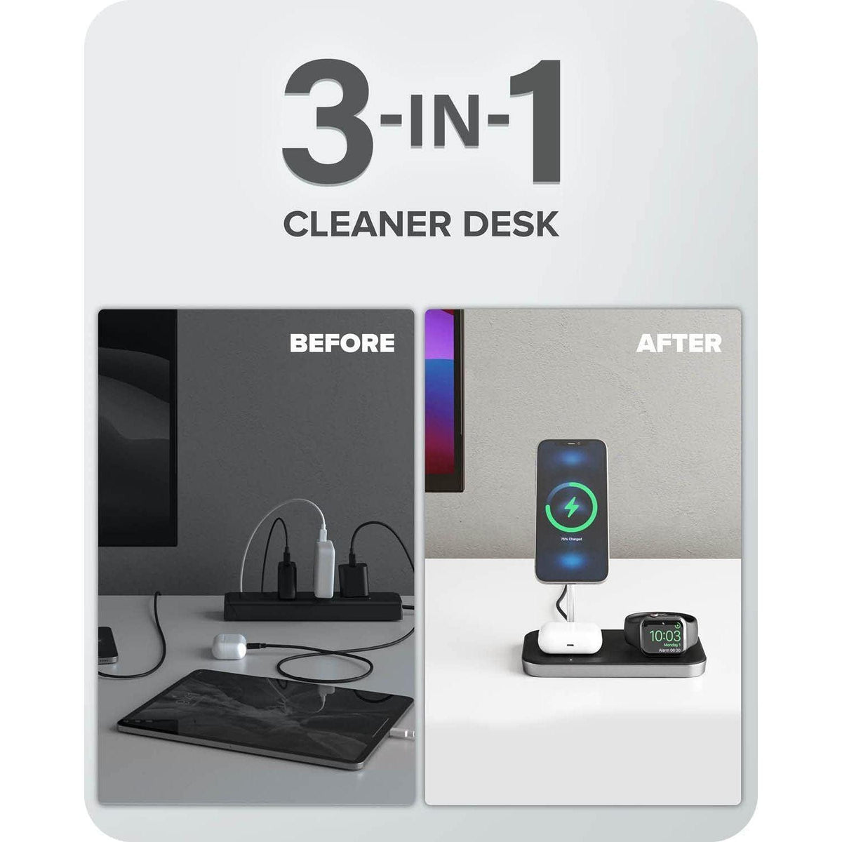 ALOGIC MagSpeed 3-in-1 Wireless Charging Station, MagSafe Compatible for iPhone 15/14/13/12 Series, Wireless Charging Enabled AirPods Case & All Apple Watch Models, LED Indicator, Certified Safe.