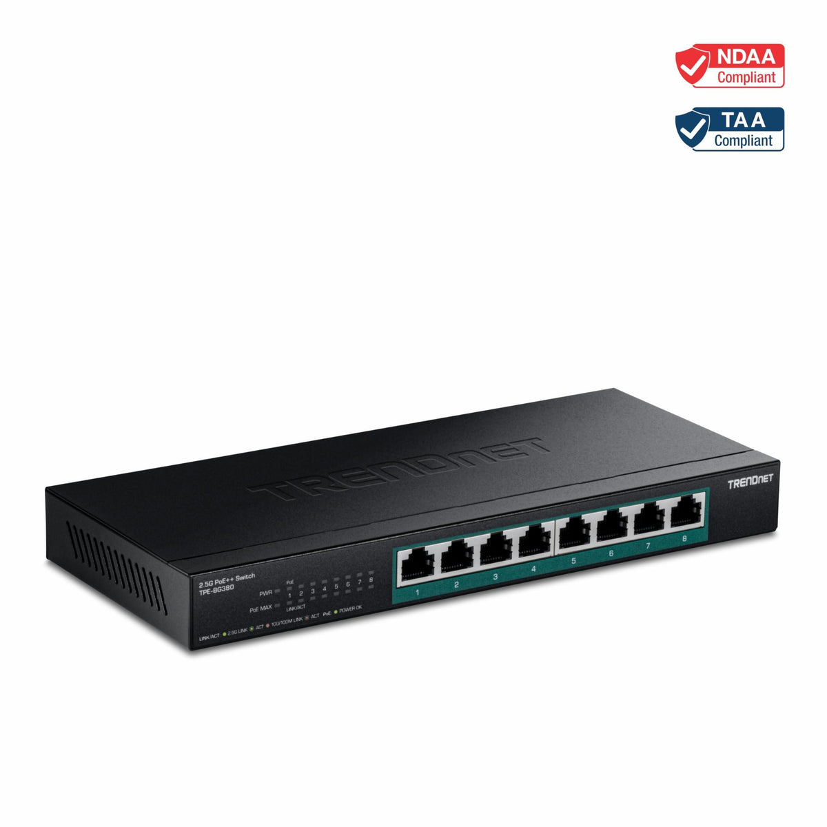 TRENDnet 8-Port 2.5G PoE++ Switch, TPE-BG380, 8 x 2.5GB PoE++ Ports, 230W Poe Power Budget, 40Gbps Switching Capacity, NDAA + TAA Compliant, Lifetime TRENDnet Protection