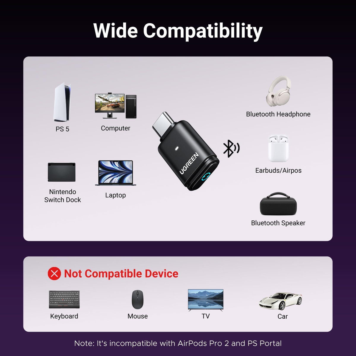 UGREEN USB-C Bluetooth Adapter for PS5, Bluetooth 5.3 Audio Adapter with APTX Low Latency & aptX-Adaptive, Wireless Audio Transmitter to Connect Wireless Headphones & Earbuds