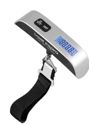 travel inspira Luggage Scale, Portable Digital Hanging Baggage Scale for Travel, Suitcase Weight Scale with Rubber Paint, 110 Pounds, Battery Included - Silver