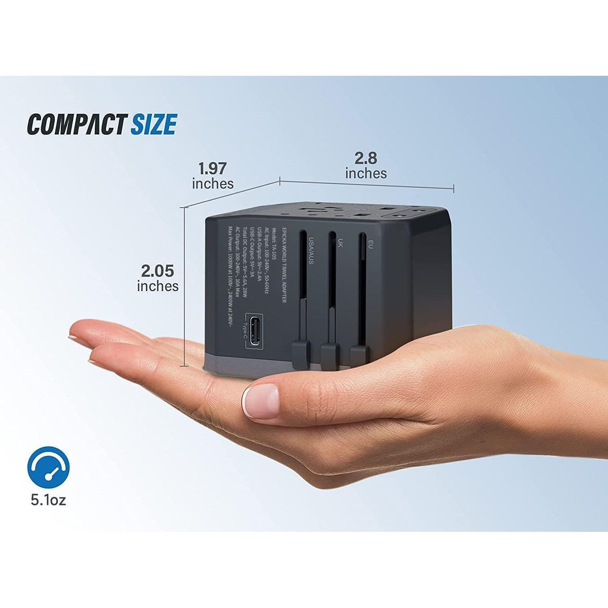 EPICKA Universal Travel Adapter, European Travel Plug Adapter (Not a Voltage Converter) - International Power Adapter Worldwide Charger with USB-C & 4 USB-A Ports, Travel Essentials (TA-105, Grey)