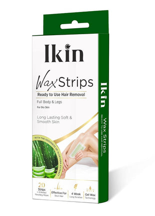 Ikin Instant Wax Strip with Aloe Vera For Dry Skin - 20 strips | Long Lasting Soft & Smooth Skin | Cold Gel Wax Hair Removal | Upto 4 Weeks of Smoothness | With 4 Perfect Wipes