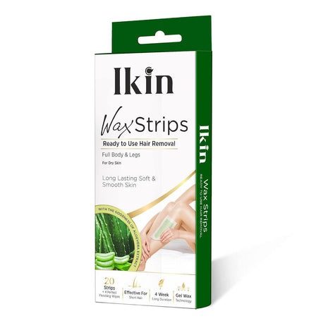 Ikin Instant Wax Strip with Aloe Vera For Dry Skin - 20 strips | Long Lasting Soft & Smooth Skin | Cold Gel Wax Hair Removal | Upto 4 Weeks of Smoothness | With 4 Perfect Wipes