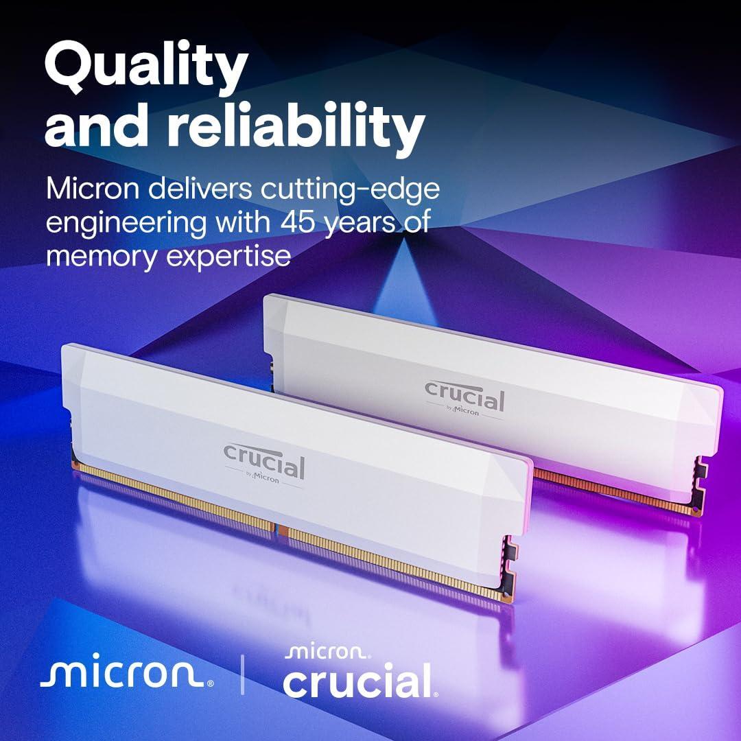 Crucial Pro 32GB DDR5 RAM Kit (2x16GB), CL36 6000MHz, Overclocking Desktop Gaming Memory, Intel XMP 3.0 & AMD Expo Compatible, White - CP2K16G60C36U5W