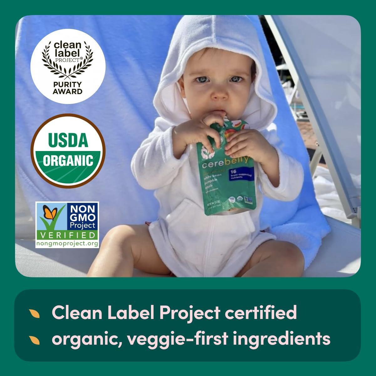 Cerebelly Organic Baby Food Pouches Variety Pack – Organic Veggie Purees for Toddlers | No Added Sugar, Fiber, Non-GMO | Blended Toddler Pouches | 4 Ounce BPA-Free Pouch | 4 Flavors | 8 Count