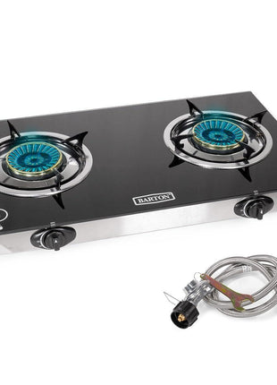 Barton Double Burner Stove w/Auto Ignition LPG Tempered Glass Outdoor Propane Portable Camping Cooktop Range 2-Burner Gas Burner