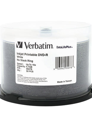 Verbatim 4.7GB Up to 16X Datalifeplus White Inkjet Printable Recordable Disc DVD-R, 50 -Disc Spindle